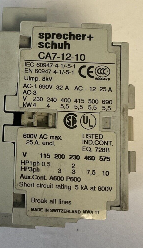SPRECHER+SCHUH CA7-12-10 CONTACTOR 600VAC 25A