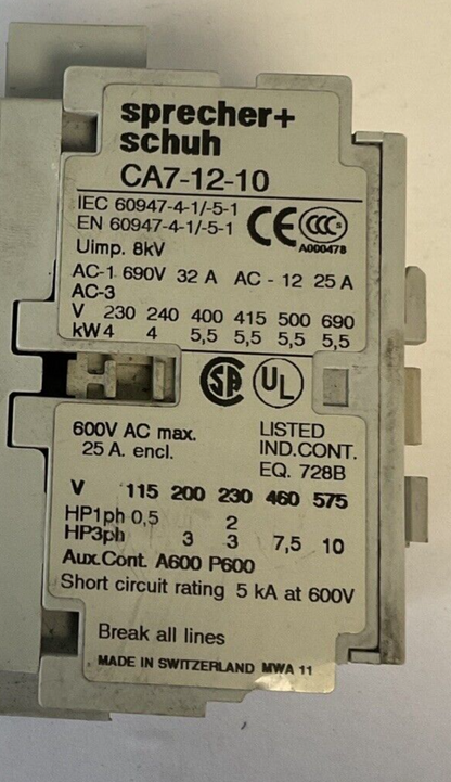 SPRECHER+SCHUH CA7-12-10 CONTACTOR 600VAC 25A