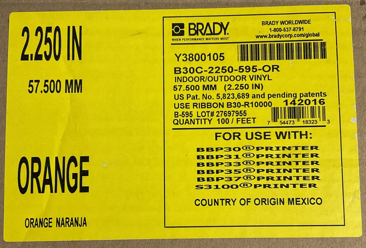 BRADY B30C-2250-595-OR INDOOR/OUTDOOR ORANGE VINYL 2.25"