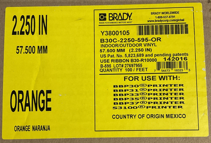 BRADY B30C-2250-595-OR INDOOR/OUTDOOR ORANGE VINYL 2.25"