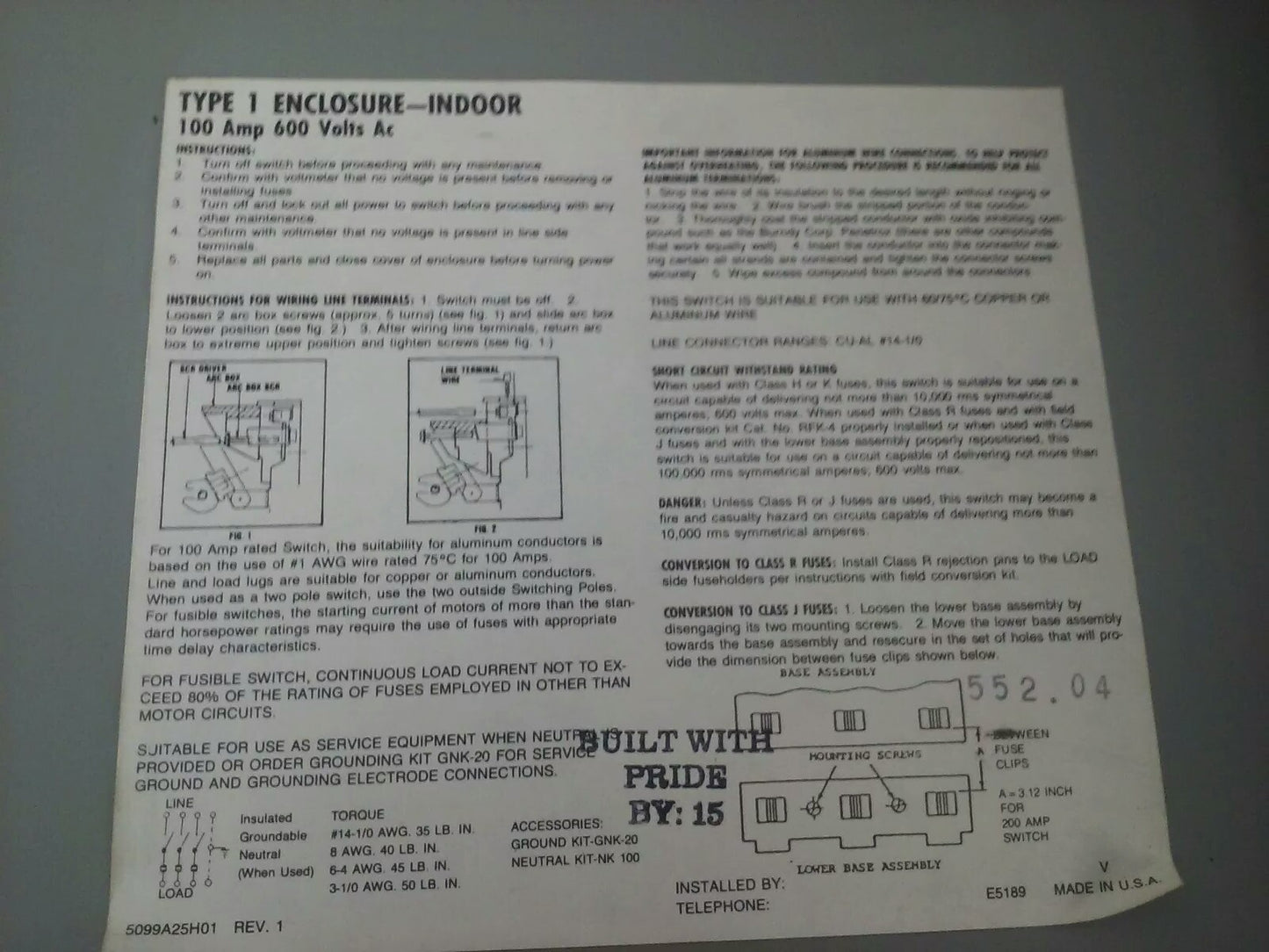 CHALLENGER HD363SNC FUSIBLE SAFETY SWITCH, 100A, 600V, 3PH, 75HP, TYPE 1 INDOOR
