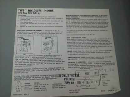 CHALLENGER HD363SNC FUSIBLE SAFETY SWITCH, 100A, 600V, 3PH, 75HP, TYPE 1 INDOOR