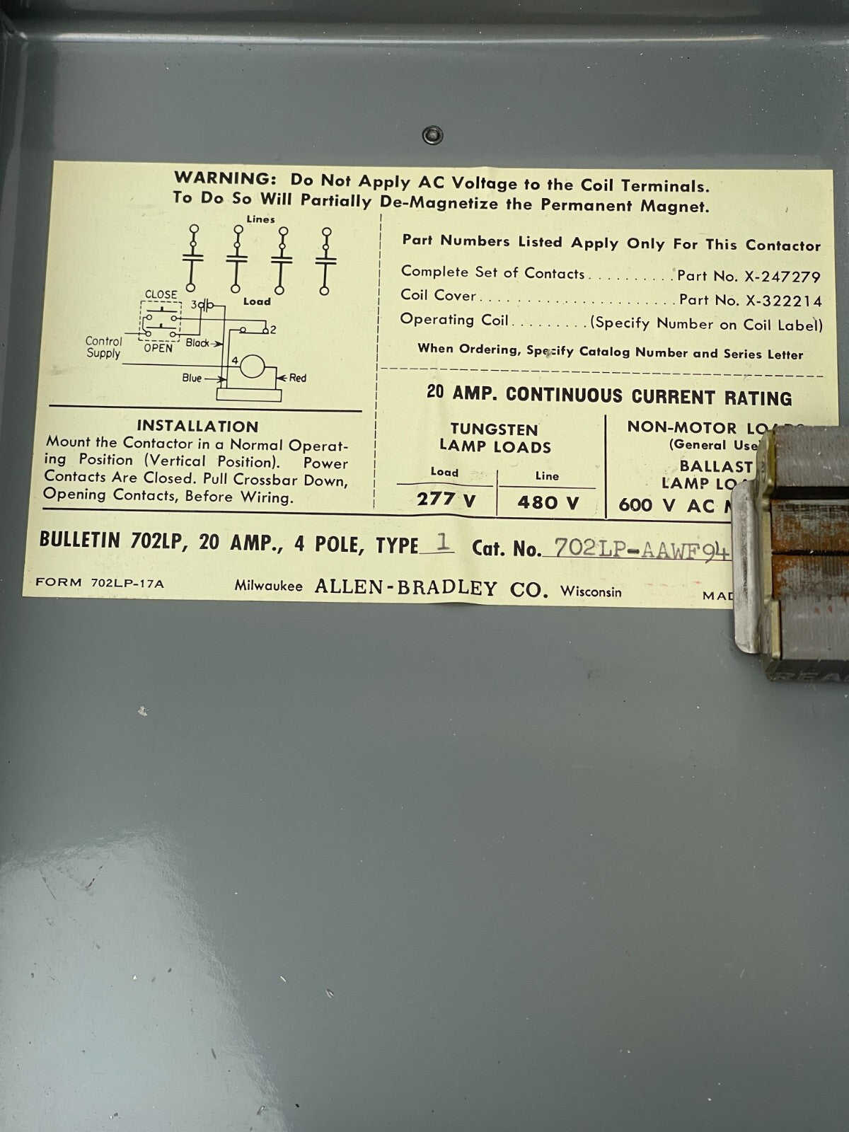 ALLEN BRADLEY 702LP-AAWF94 - AC LIGHTING CONTACTOR