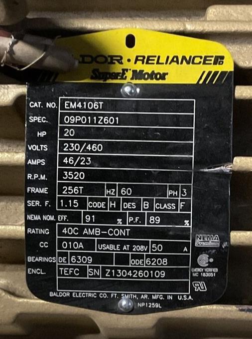 BALDOR EM4106T MOTOR 20HP 230/460V 46/23A 3520RPM 3PH