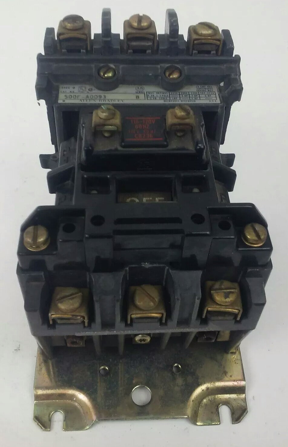 ALLEN BRADLEY 500FL-AOD93 SER.B STARTER, 18A,600V,120V COIL, 5HP, CONTACTS GREAT