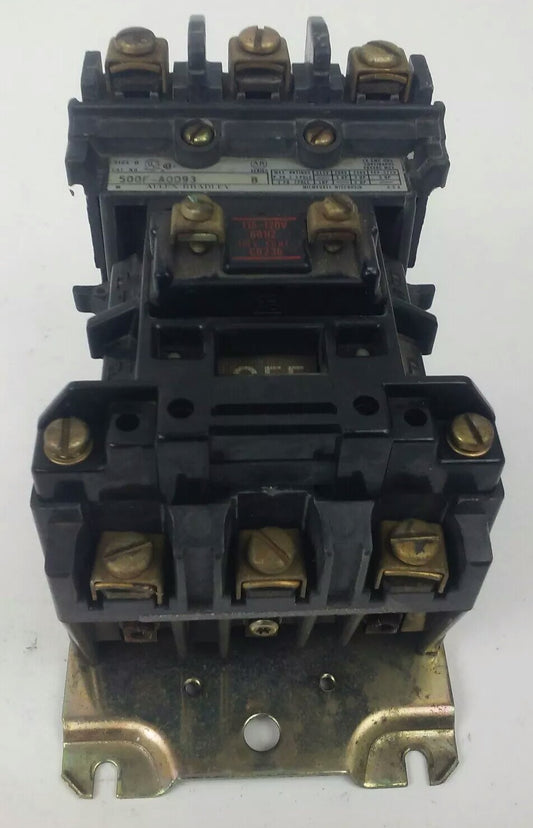 ALLEN BRADLEY 500FL-AOD93 SER.B STARTER, 18A,600V,120V COIL, 5HP, CONTACTS GREAT
