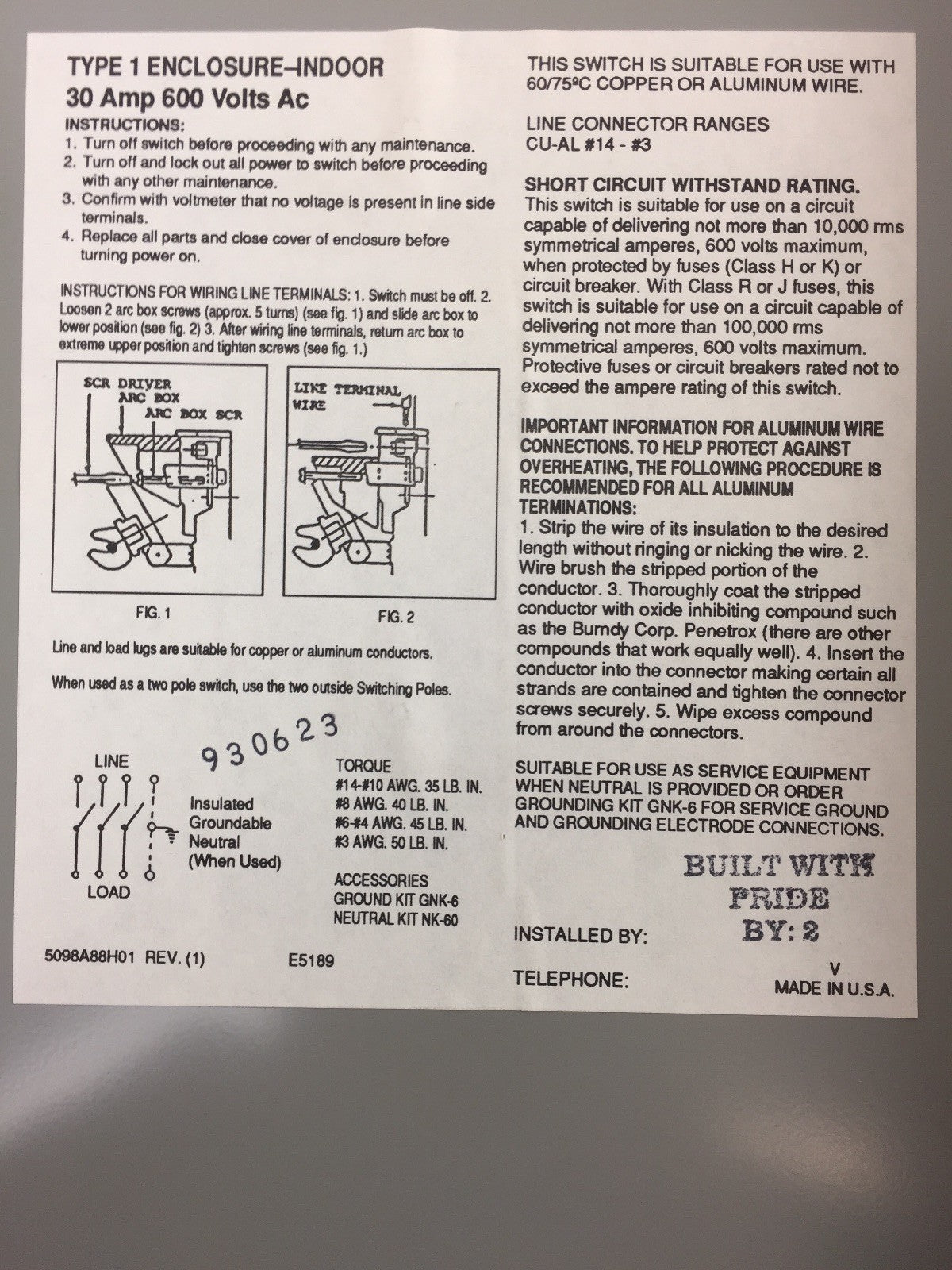 WESTINGHOUSE HUN361 30 AMPS 600 VAC 3 POLES NON-FUSIBLE SAFETY SWITCH