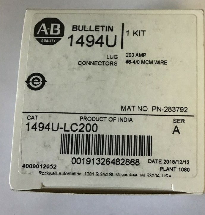 ALLEN BRADLEY 1494U-LC200 LUG CONNECTORS KIT 200AMP SER.A