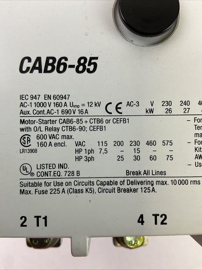 ALLEN BRADLEY CAB6-85 CONTACTOR 600VAC 160A 3PH 75HP COIL 230V 50/60HZ