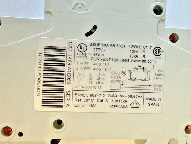 ALLEN BRADLEY 1489-A1D050 CIRCUIT BREAKER SER.A W/ 1489-AAHH3 AUX***LOTOF3***