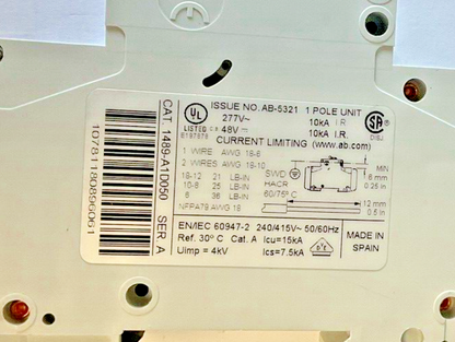 ALLEN BRADLEY 1489-A1D050 CIRCUIT BREAKER SER.A W/ 1489-AAHH3 AUX***LOTOF3***