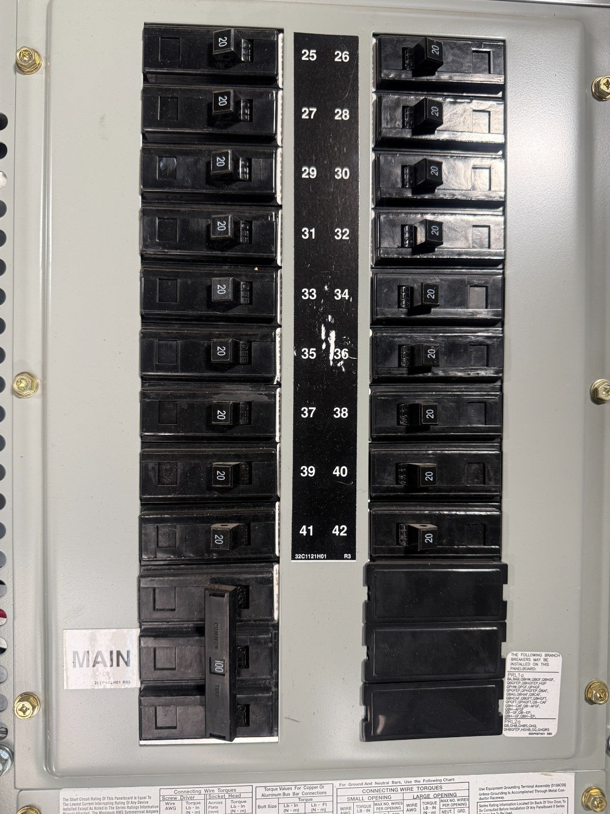 EATON PRL1a CIRCUIT BREAKER PANELBOARD 100A MAIN CIRCUIT BREAKER (42)20A CIRCUIT