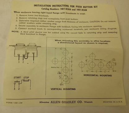 ALLEN BRADLEY 1481-N50A SER.A PUSH BUTTON KIT SIZES 0-1-2-3, START STOP, 800TXD1