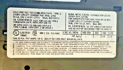 SIEMENS 3RV1021-0FA10 MOTOR CONTROL 3RV1901-1E 6,5A 277V