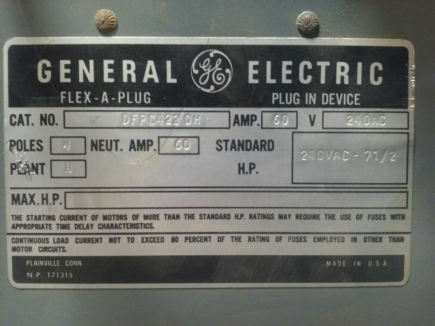 GE DFPC422DH BUS PLUG 4P 60A 240V W/ DH1P42 4P 30-60A TYPE DH1 600V FLEX A PLUG