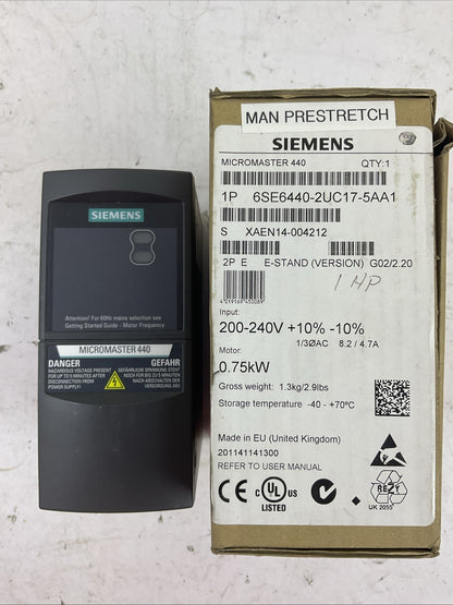 SIEMENS 1P 6SE6440-2UC17-5AA1 AC DRIVE MICROMASTER 440 ver e04/2.11