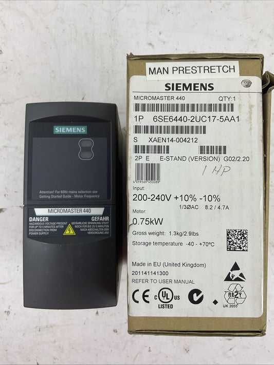 SIEMENS 1P 6SE6440-2UC17-5AA1 AC DRIVE MICROMASTER 440 ver e04/2.11