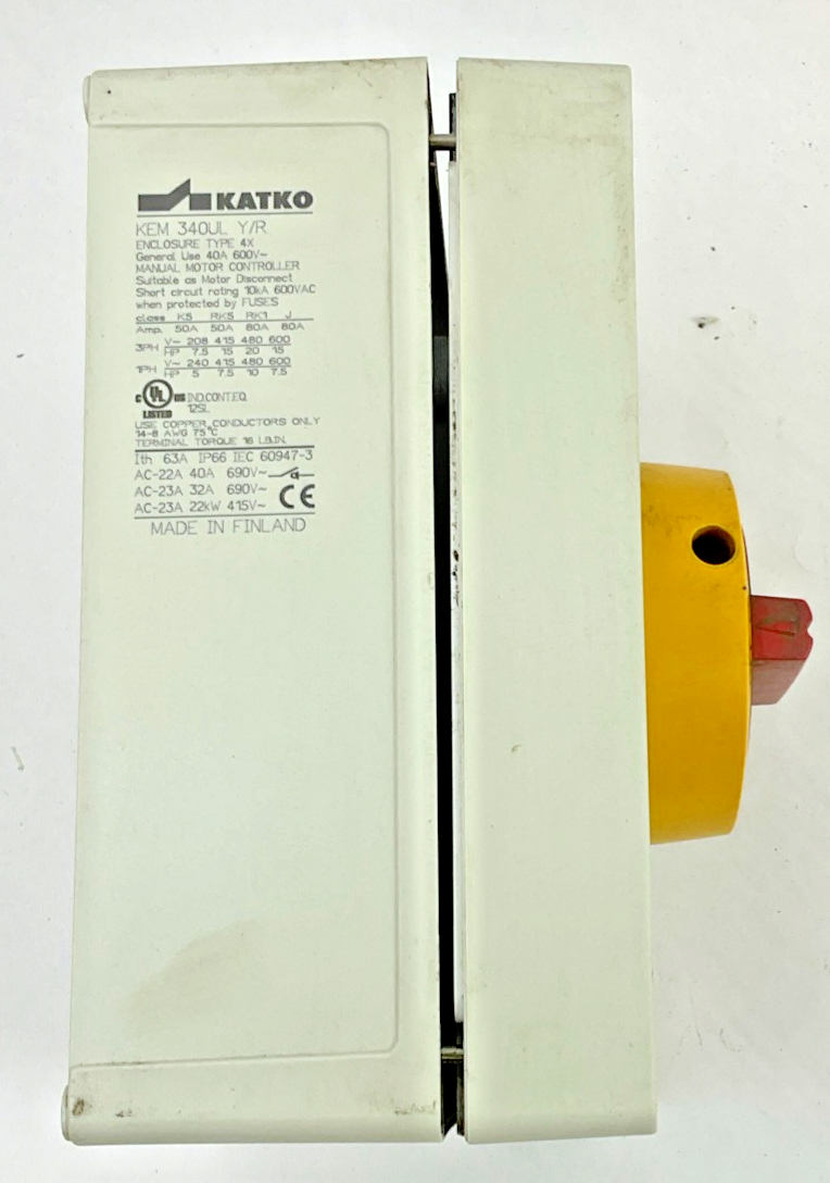 KATKO KEM 340UL Y/R MANUAL MOTOR CONTROLLER 600VAC 40A TYPE 4X