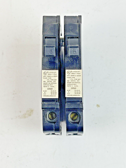 CROUSE-HINDS *BOX OF 10 PAIRS* - MH15 - 1 POLE, 15 A, 240 VAC CIRCUIT BREAKER