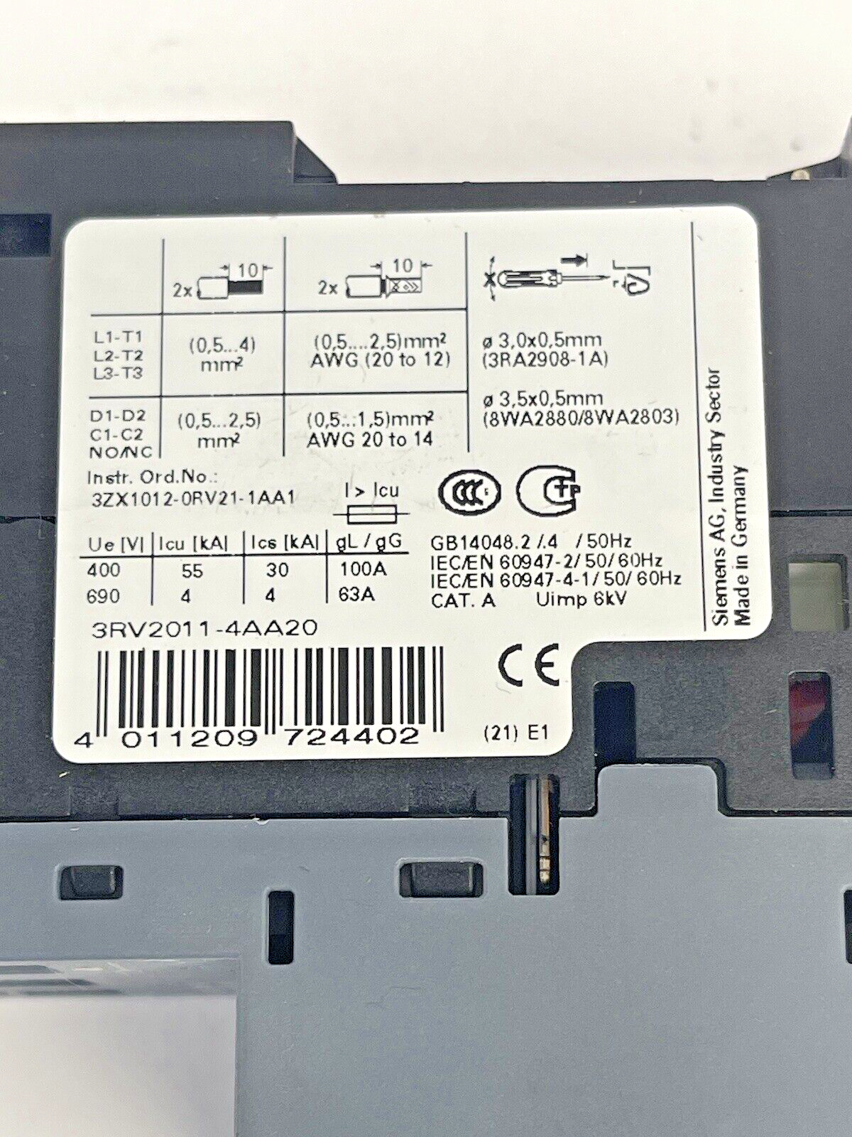 SIEMENS - 3RV2011-4AA20 - CIRCUIT BREAKER / MOTOR PROTECTOR