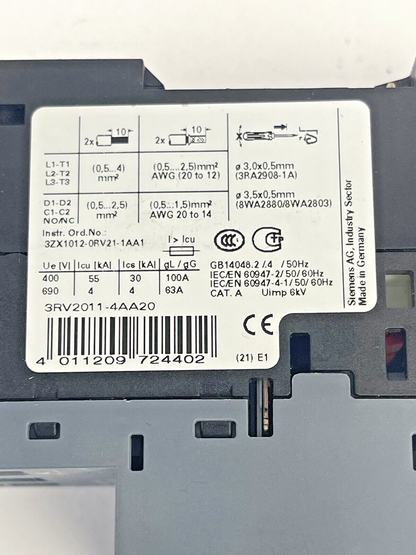 SIEMENS - 3RV2011-4AA20 - CIRCUIT BREAKER / MOTOR PROTECTOR