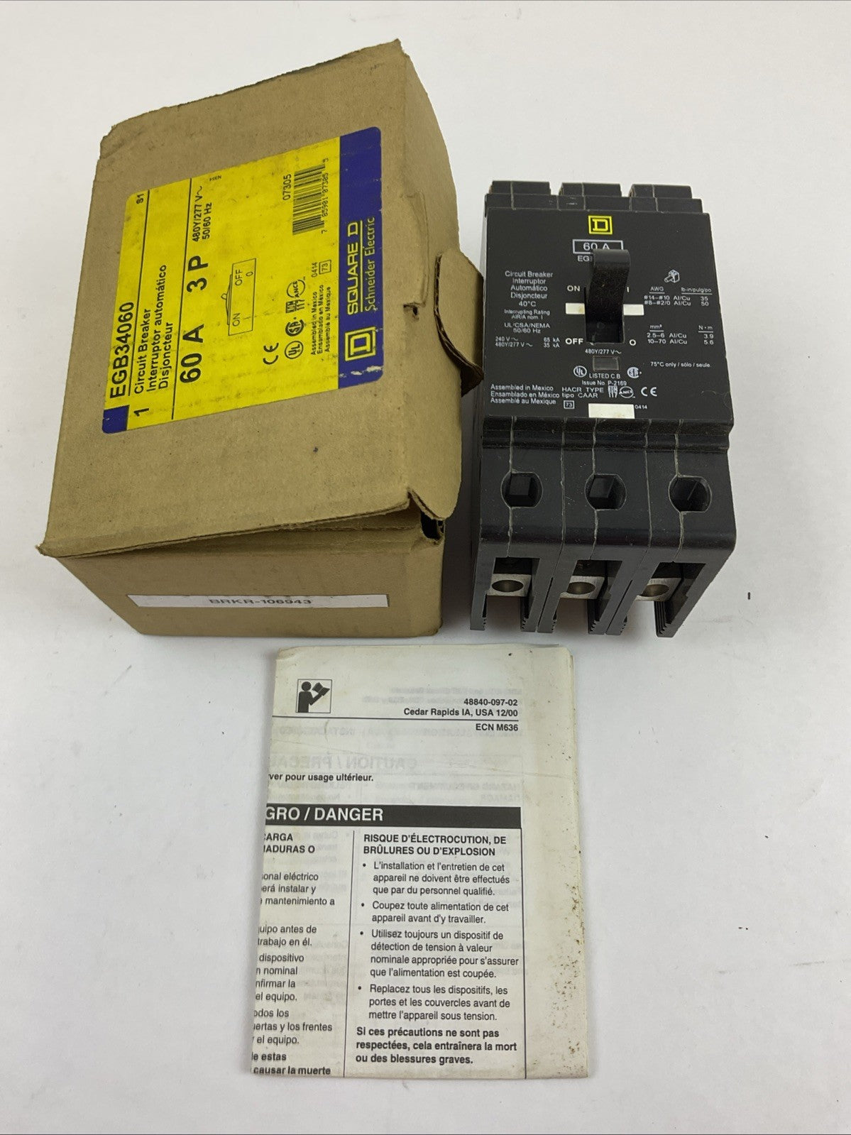 SQUARE D EGB34060 CIRCUIT BREAKER 60AMP 3POLE 240VAC 480Y/277VAC
