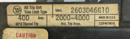WESTINGHOUSE 2603D46G10 TRIP UNIT 400 AMP 2 POLE MAG TRIP ADJ 2000-4000A
