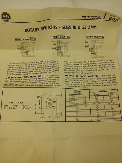 ALLEN BRADLEY BULLENTIN 806 H941825-1 SER. A, ROTARY PILOT SWITCH, 2 CIRCUITS
