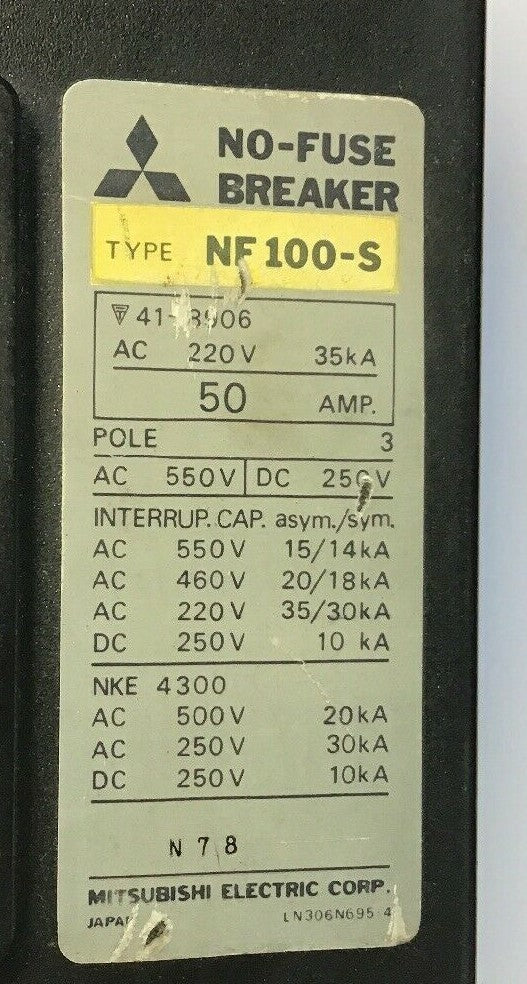 MITSUBISHI NF 100-S CIRCUIT BREAKER 50AMP 550VAC/250VDC 3POLE
