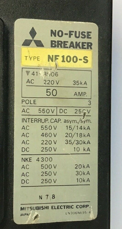 MITSUBISHI NF 100-S CIRCUIT BREAKER 50AMP 550VAC/250VDC 3POLE