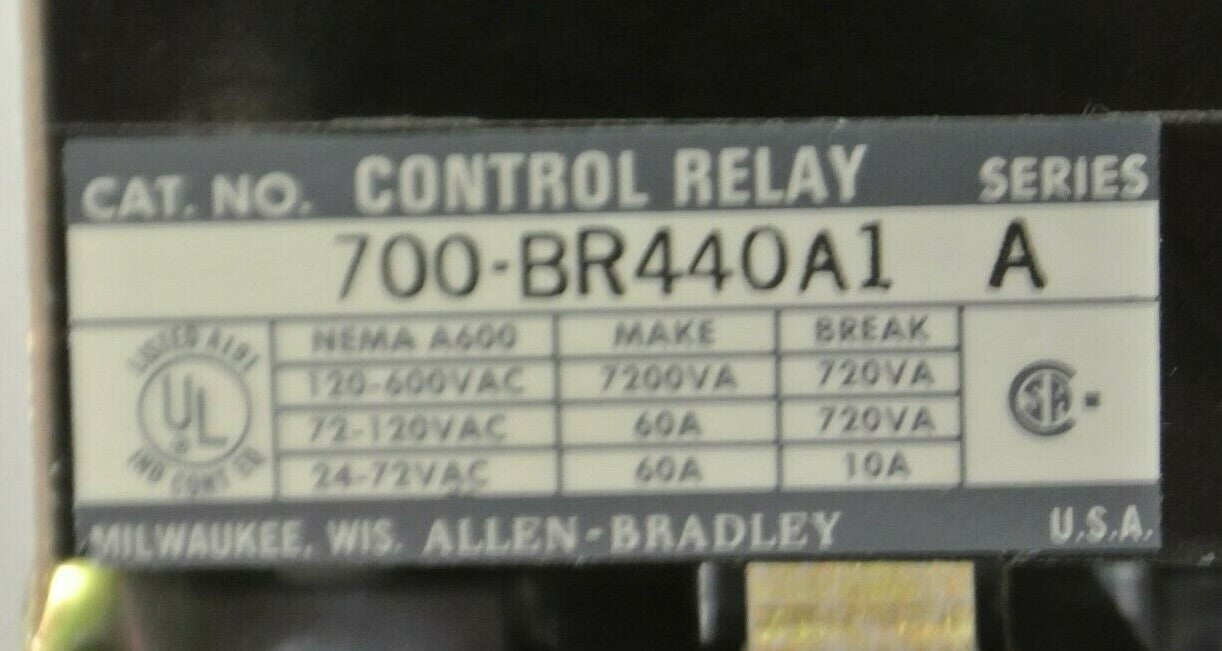 ALLEN-BRADLEY 700-BR440A1TYPE BR AC RELAY / 4 N.O., 4 N.C. / 120V / NEW SURPLUS