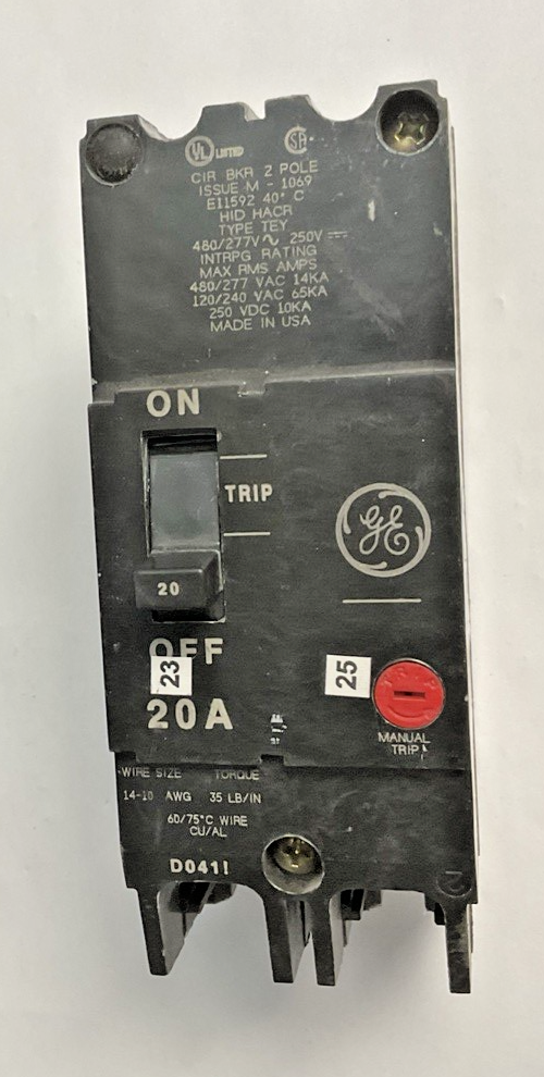 GE TEY220 CIRCUIT BREAKER 20A 480VAC 2POLE 250VDC