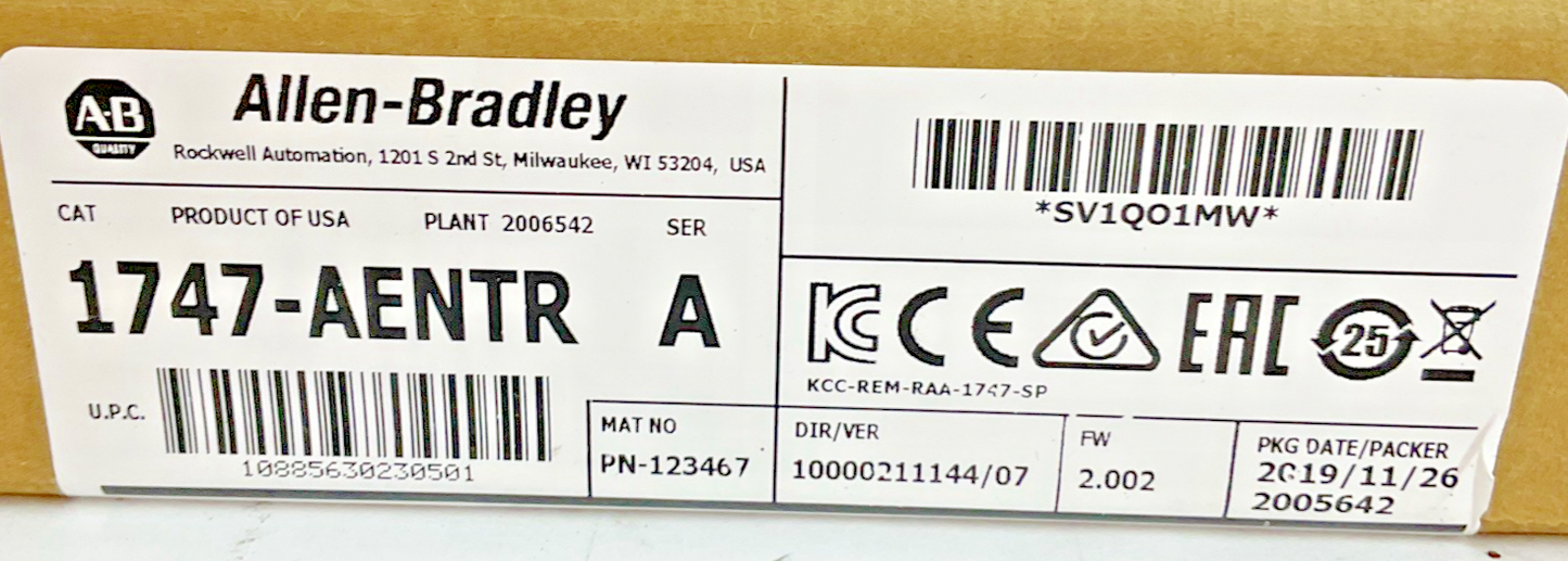 ALLEN BRADLEY 1747-AENTR ETHERNET/IP  COMMUNICATIONS MODULE FW:2.002 VER.07