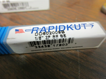 RAPIDKUT CUTTING TOOLS, LOT of 3 END MILLS 3/16" 4F SE, 1/8" 2F SE BE, 3/16" 2E.