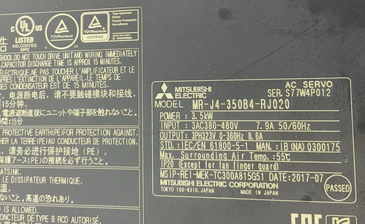 MITSUBISHI MR-J4-350B4-RJ020 AC SERVO 3.5KW 480V 7.9A MR-J4-T20