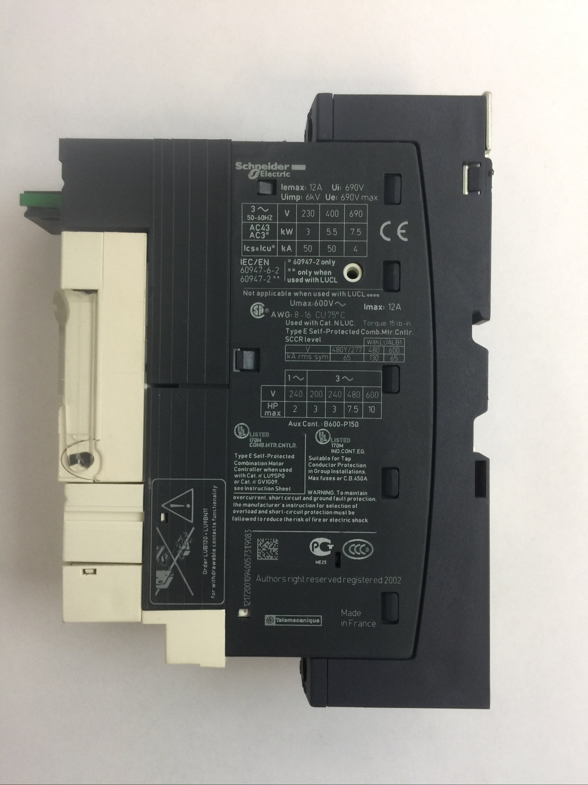 SCHNEIDER LUB12 MOTOR STARTER 600VAC 12A 10HP LUCA1XBL CONTROL UNIT 24VDC