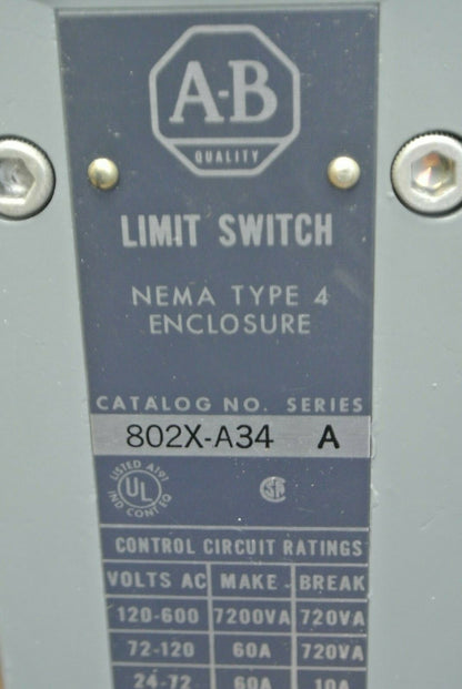 ALLEN-BRADLEY 802X-A34 WATERTIGHT LIMIT SWITCH / 24-600VAC / NEW SURPLUS