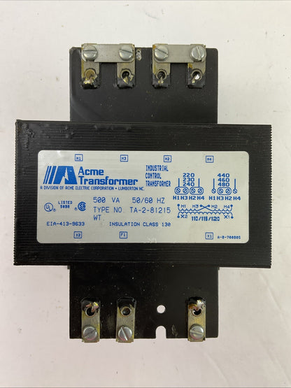 ACME TA-2-81215 TRANSFORMER 500VA 50/60HZ EIA-413-9633 INSULATION CLASS 130