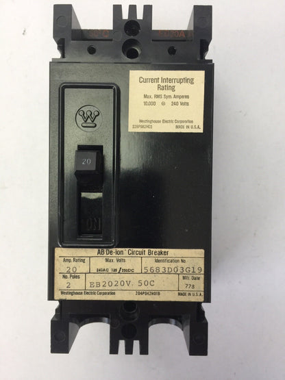 WESTINGHOUSE EB2020V CIRCUIT BREAKER 20AMP 2POLE 240VAC 125/250VDC 5683D03G19