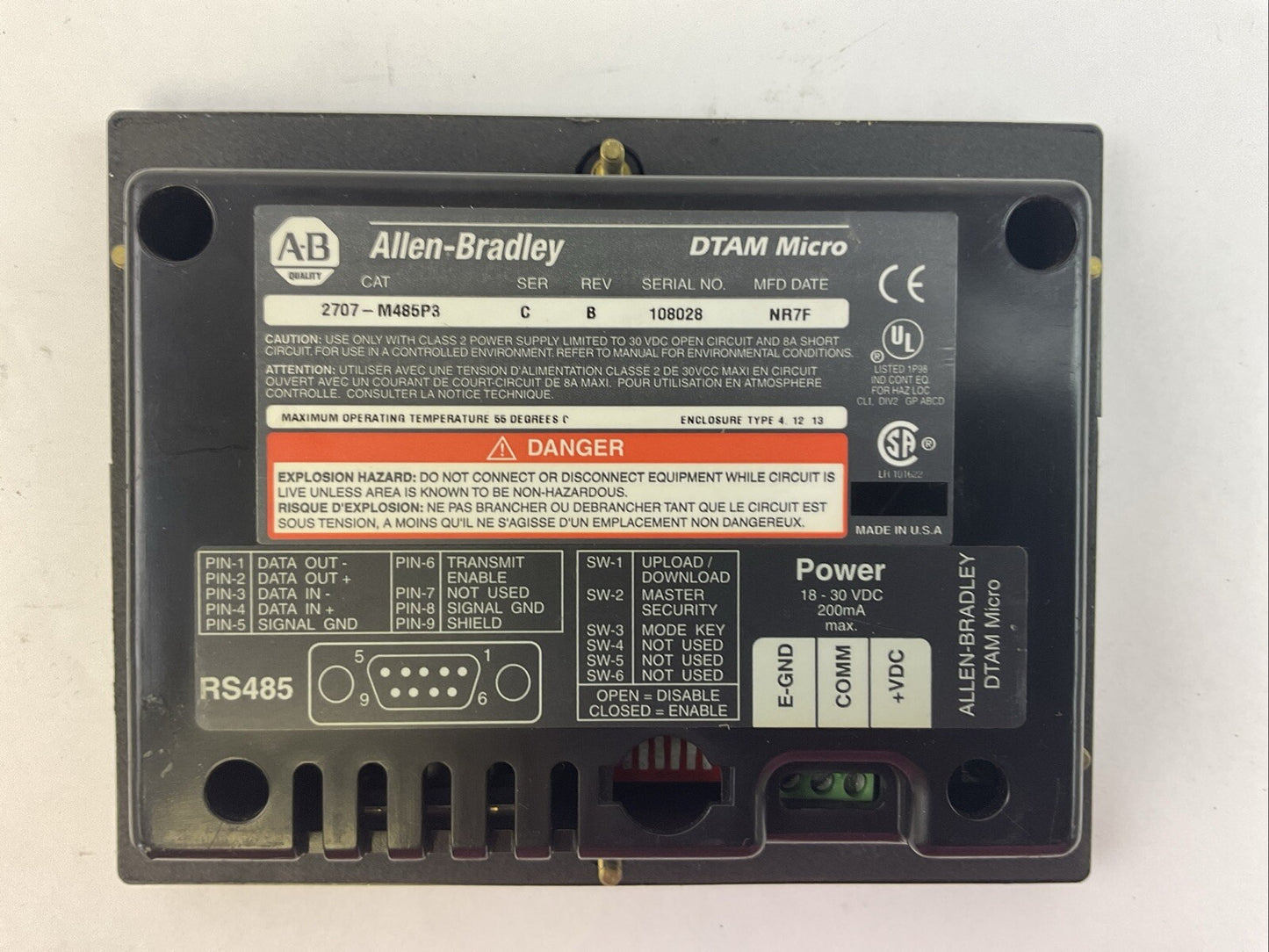 ALLEN BRADLEY 2707-M485P3 SER C REV B DTAM MICRO OPERATOR INTERFACE 18-30VDC
