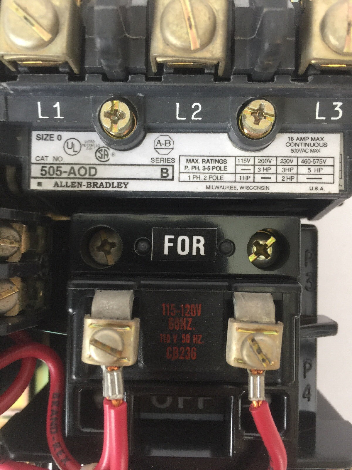 ALLEN BRADLEY 505-AOD SIZE 0 REVERSING STARTER 600VAC 5HP 18AMP COIL 120V 60HZ