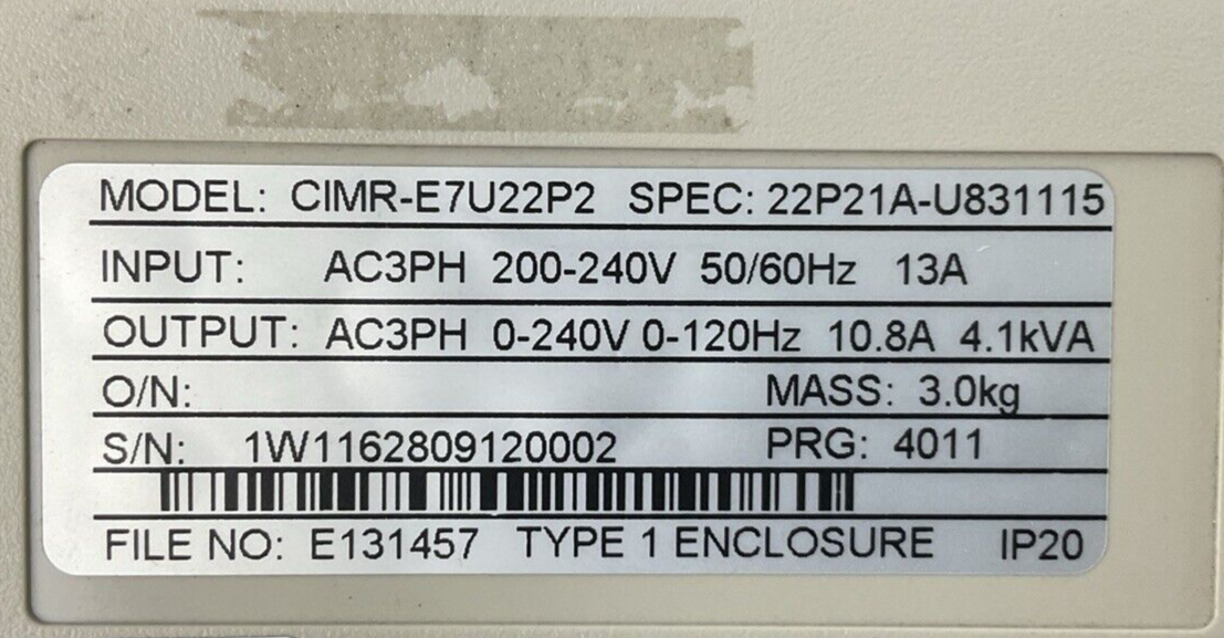 YASKAWA CIMR-E7U22P2 AC DRIVE VARISPEED E7 OUTPUT 0-240VAC 3PH 10.8A 4.1kVA