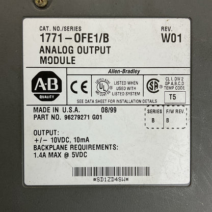 ALLEN BRADLEY 1771-0FE1 SER B REV W01 ANALOG OUTPUT MODULE F/W REV B