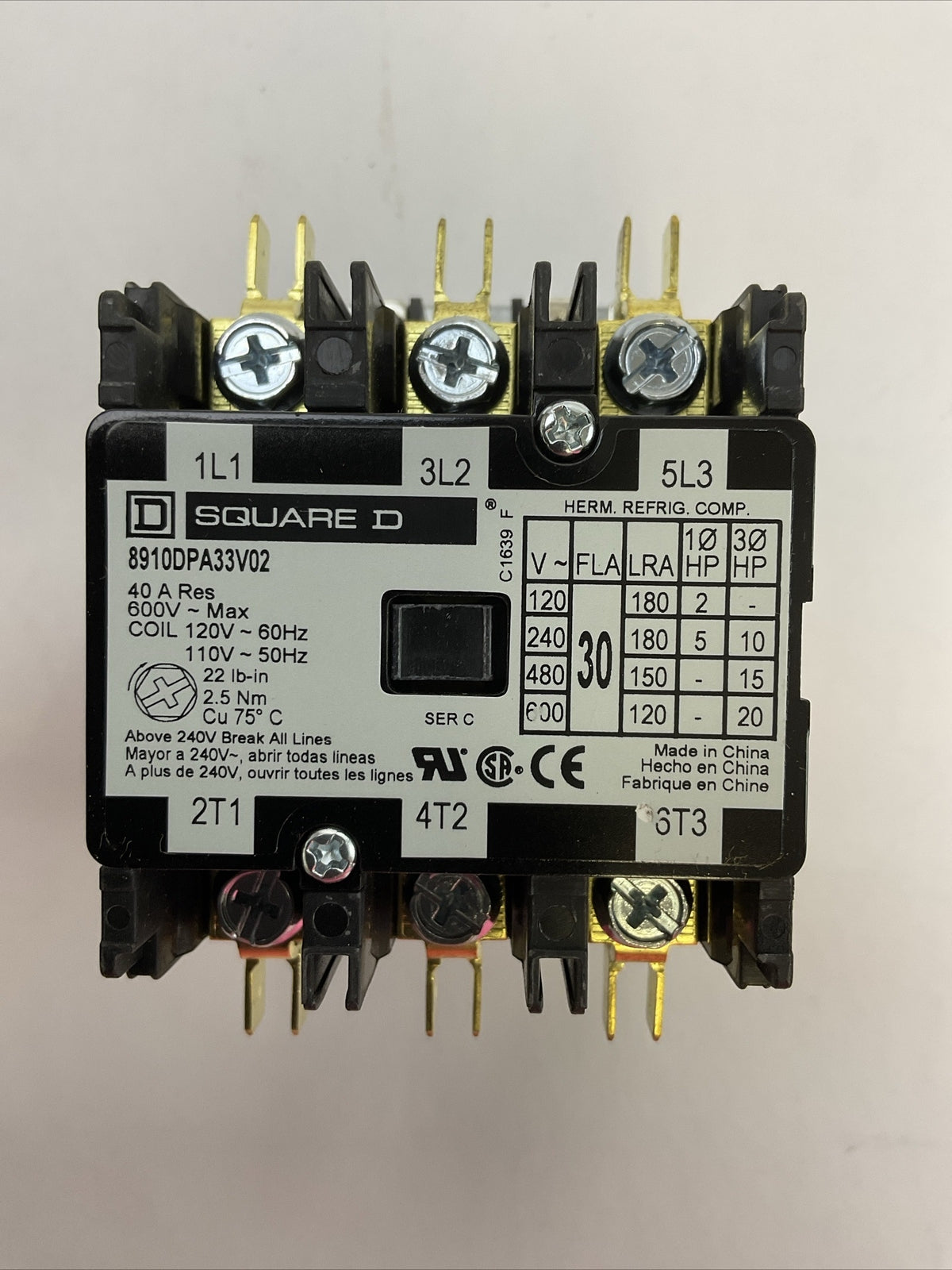 SQUARE D 8910DPA33V02 CONTACOTR SER C 3P 600VAC 20HP 40A COIL 110/120VAC 50/60HZ