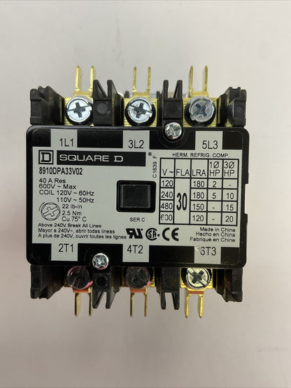 SQUARE D 8910DPA33V02 CONTACOTR SER C 3P 600VAC 20HP 40A COIL 110/120VAC 50/60HZ
