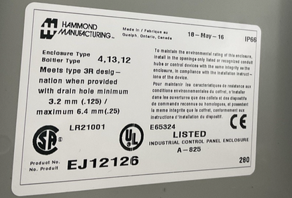 HAMMOND EJ12126 ENCLOSURE 3R BOLTLER TYPE