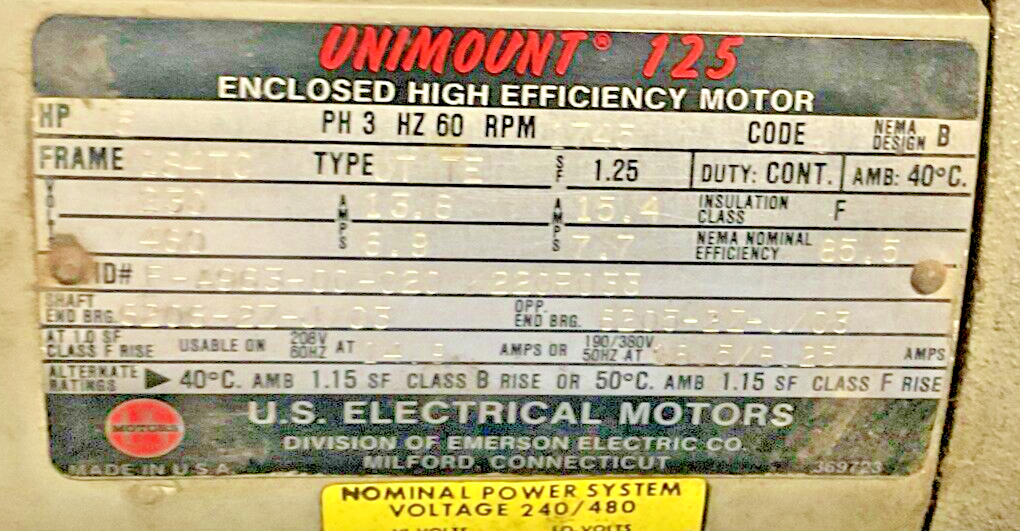 UNIMOUNT 125 US ELECTRICAL MOTORS FA96300020 1745RPM 184TC K220R033 5HP 13.8AMPS