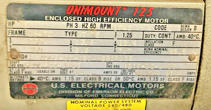 UNIMOUNT 125 US ELECTRICAL MOTORS FA96300020 1745RPM 184TC K220R033 5HP 13.8AMPS