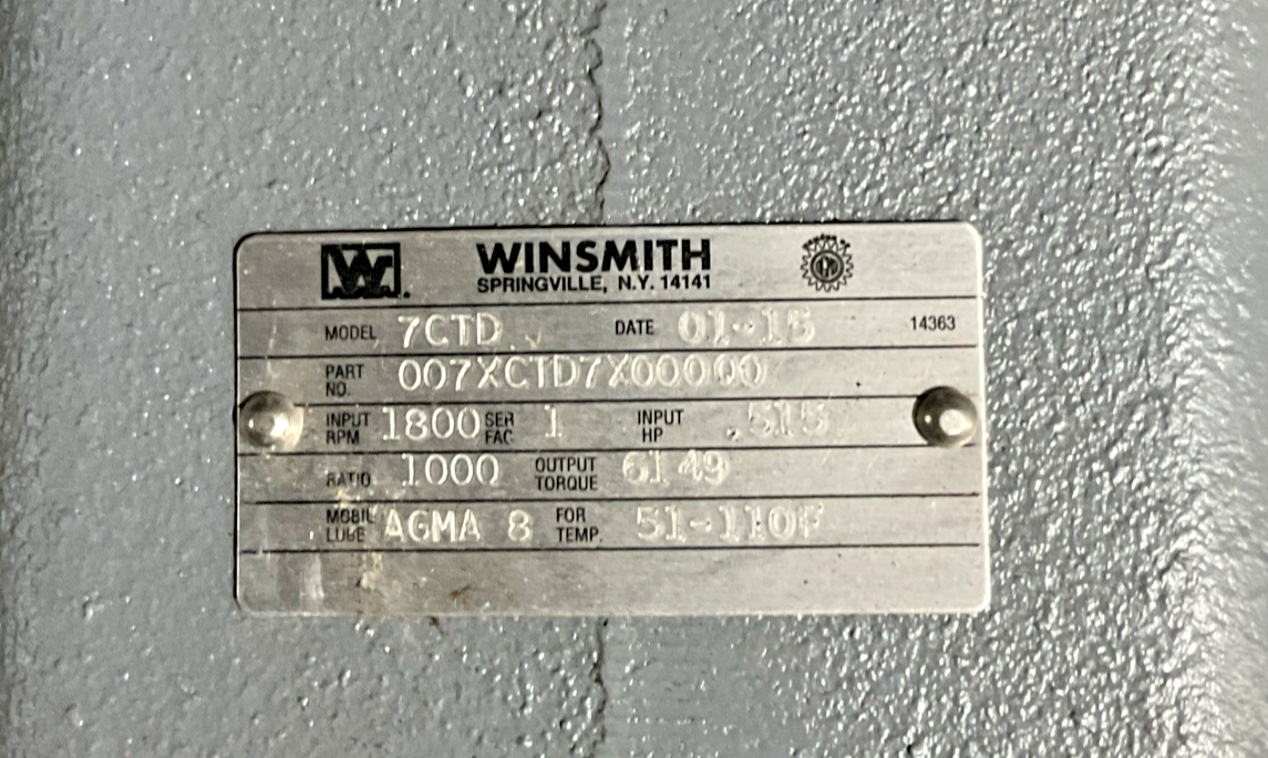 WINSMITH 7CTD WORM GEAR REDUCER 1800RPM 1000RATIO 007XCTD7X00000 .515HP