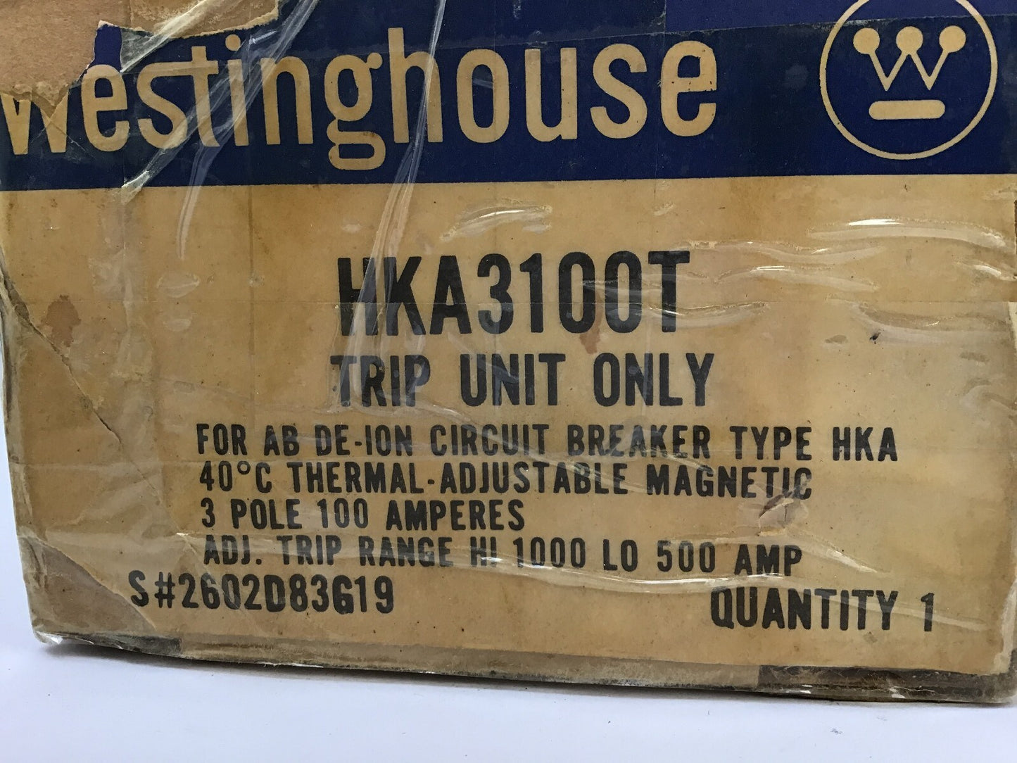 WESTINGHOUSE HKA3100T TRIP UNIT ONLY 3POLE 100 AMP